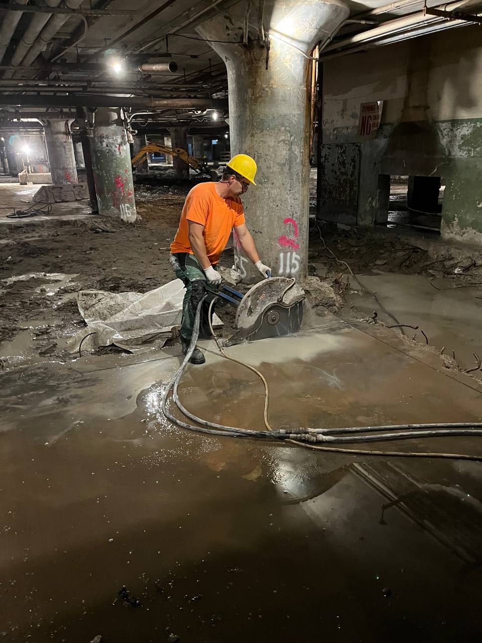 Slab cutting with trench marks for plumbing access
